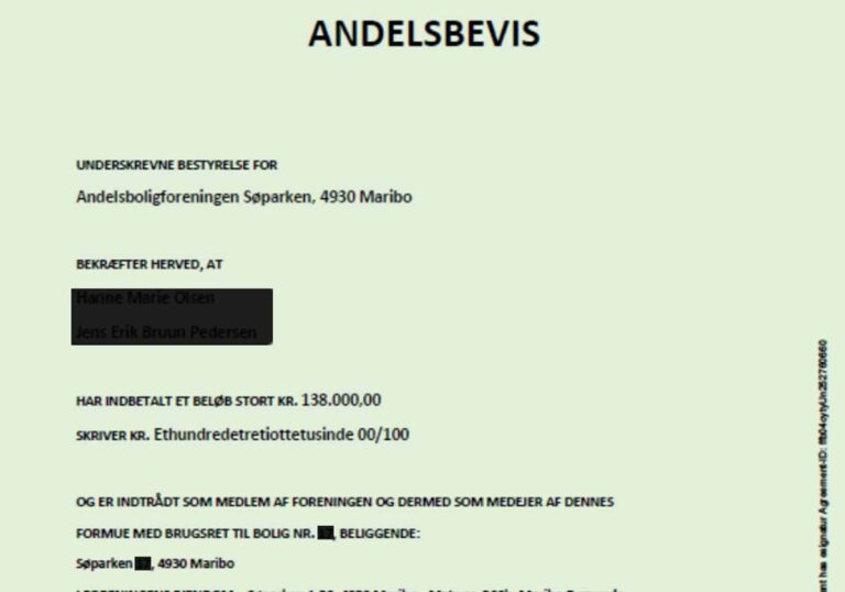 Andelsbevis - AB Søparken