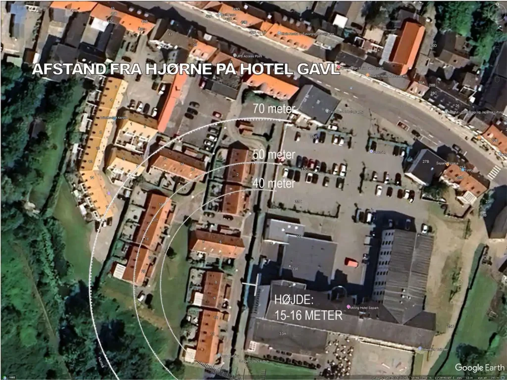 Kort over AB Søparken med afstandsringe fra hjørne på hotel gavl.